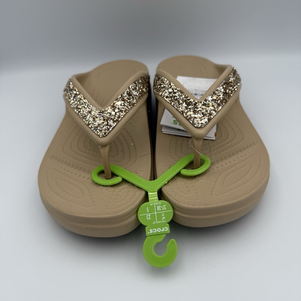 CROCS Sloane Glitter Womens Wedge Platform Flip Flops‎ Gold Tan Sandals Size 7